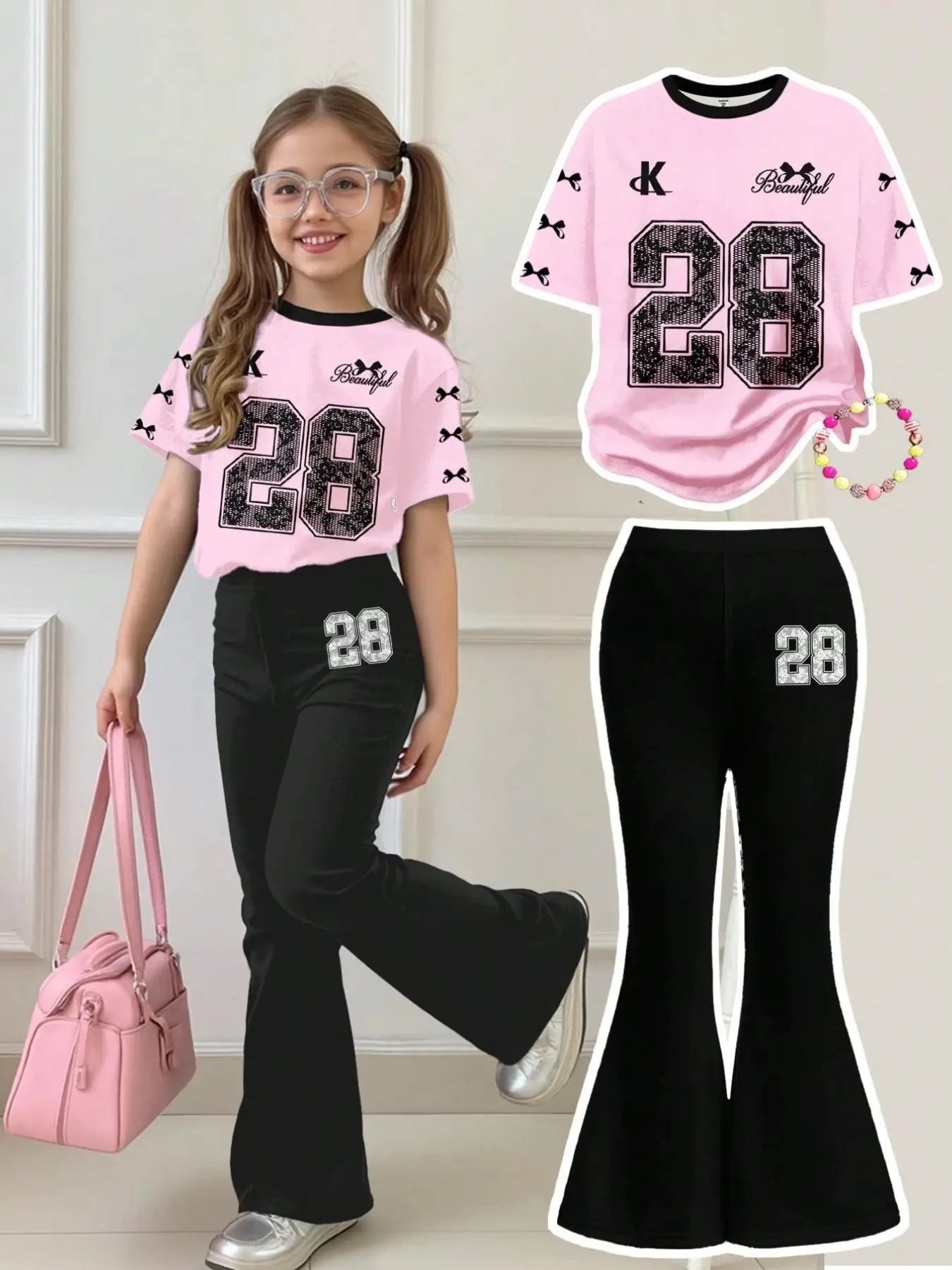 Girls' Summer Fashion Butterfly Print Short Sleeve T-Shirt + Elastic Bell Pants Set, Cute Casual Summer Clothing Set, Summer Clothes Set for Ages 1-8, Perfect Gift for Outdoor Activities
