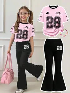 Girls' Summer Fashion Butterfly Print Short Sleeve T-Shirt + Elastic Bell Pants Set, Cute Casual for Ages 1-8, Perfect Gift for Outdoor Activities