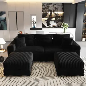 Ergonomic Ergonomic 82.7 "Plush Corduroy 3-Seat Sofa,Modern Comfy Upholstered Sofa Cloud Couch,Deep Seat Couches With Soft Pillows And 2 Ottomans,Convertible Sofa Lounge Chair,Black#Summervibes
