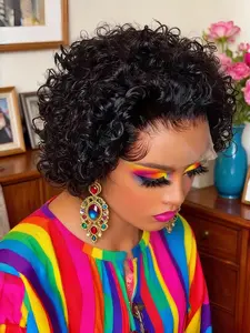 13x1 Transparent Lace Frontal Wig, Short Curly Real Human Hair Wig, Natural Hair Wig for Women, Pre Plucked Baby Hair, Beginner Friendly, Curly Wigs