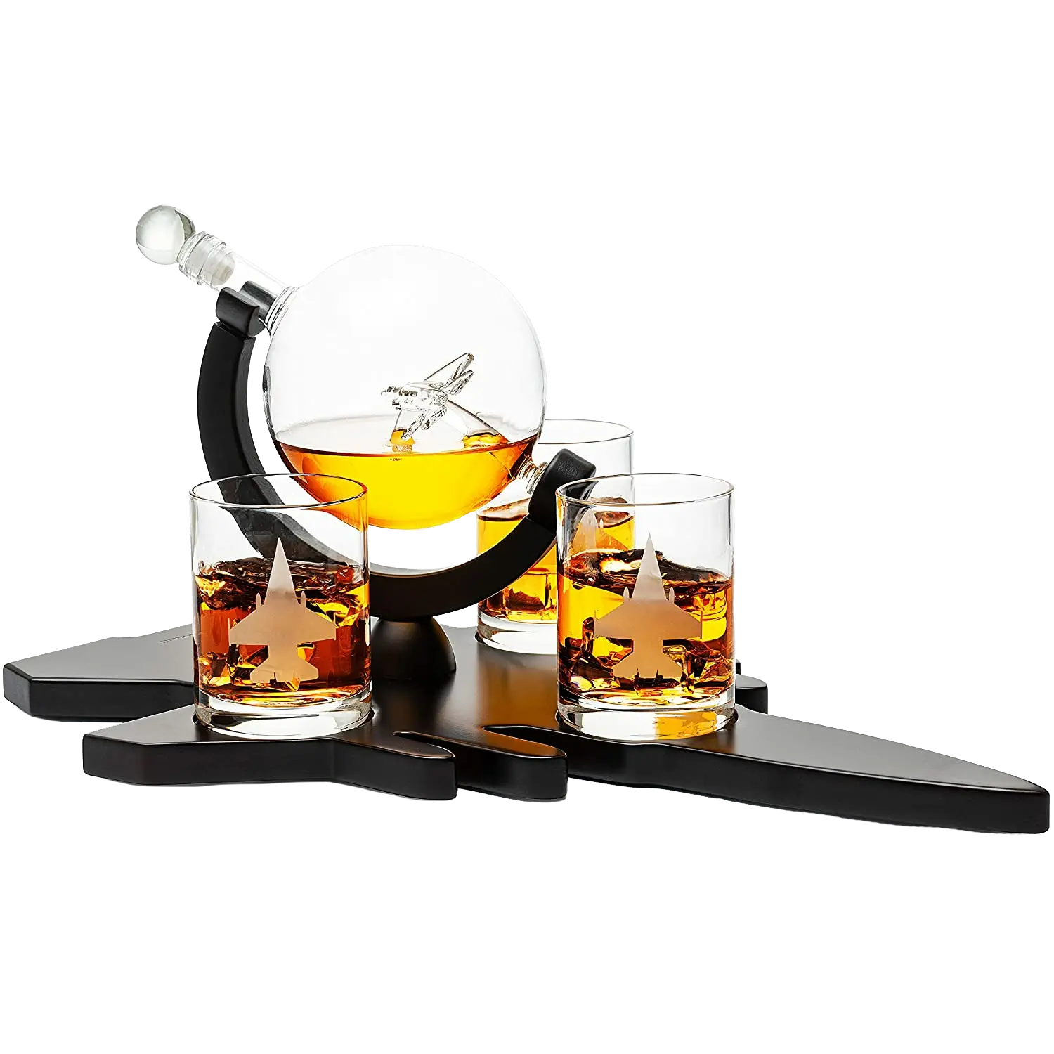Fighter Jet Wine & Whiskey Decanter Set F16, F15, F18, F22 with 3 Glasses by The Wine Savant - Bourbon, Scotch, Vodka, Pilot, Aviation Gifts, Airplane Figurine, Military Veteran Gifts, Airplane Gifts