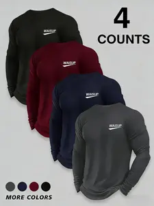 Men's Round Neck Long Sleeve T-Shirt Set, Casual Knit Polyester Tops, Knitwear Tops, Slight Stretch, Letter Print, Breathable Quick Dry Fabric, Casual Pullover Top