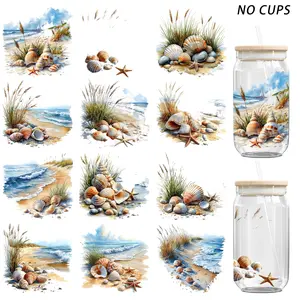 12Pcs Beach Snail UV DTF Transfer Stickers, Waterproof, Fit 16OZ Glass Jars & Mugs, Self-adhesive Easy Application, DIY Decor for Cups, Bottles, Furniture, Photo Frames, Ideal Gift