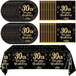 41Pcs 30th Birthday Party Decorations for Men Women Black Gold Happy 30th Birthday Supplies with 20 Plates 20 Napkins 1 Tablecloth Disposable Tableware Kit for Him Her