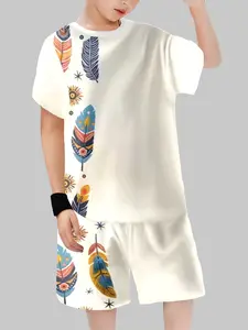 Boys' Ethnic Feather Casual Short Sleeve Two-Piece Set, Cartoon Pattern Fitted Crop Top, Artistic Design