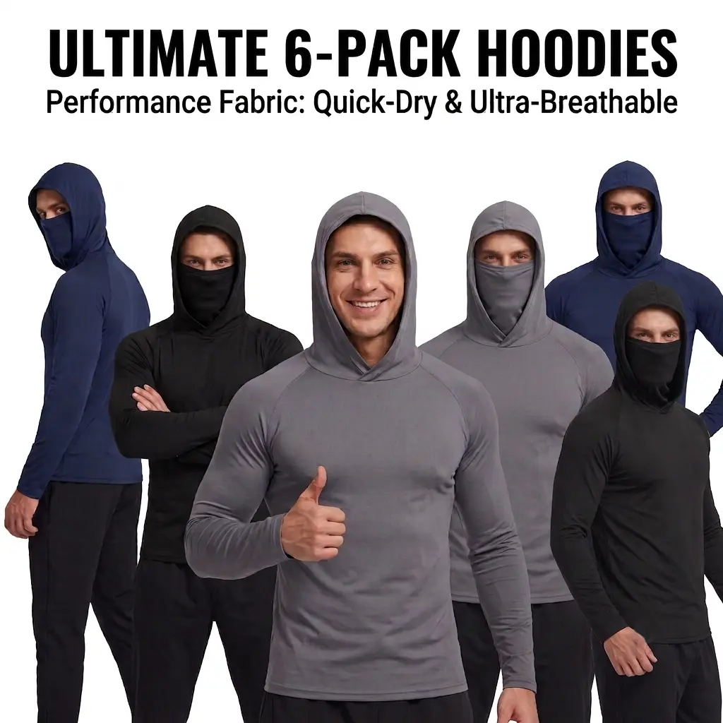 Men's Quick Dry Compression Sports Hoodie 6-Pack, Long Sleeve Moisture Wicking Athletic Gym Workout Tops with Built-in Face Mask, Breathable Running Sun Protection Sweatshirt Shirts