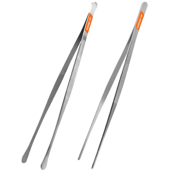 2-Piece Stainless Steel 12-Inch Tweezers Set with Round & Straight Heads, Flexible Nylon Fine Tips, Silver Kitchen Tongs, BBQ Utensils for BBQ Use, Home & Automotive Cleaning, 2 Piece Sets, Durable
