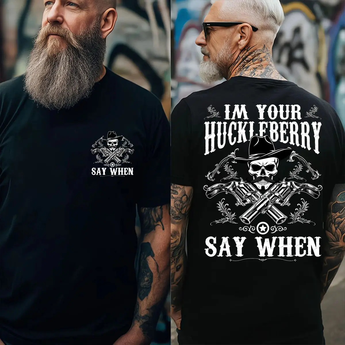 Western Cowboy T-Shirt Sweatshirt Hoodie "I'm Your Huckleberry" "Say When" Vintage Design, Unisex Sweater Pullover Tee Classic Cotton Menswear