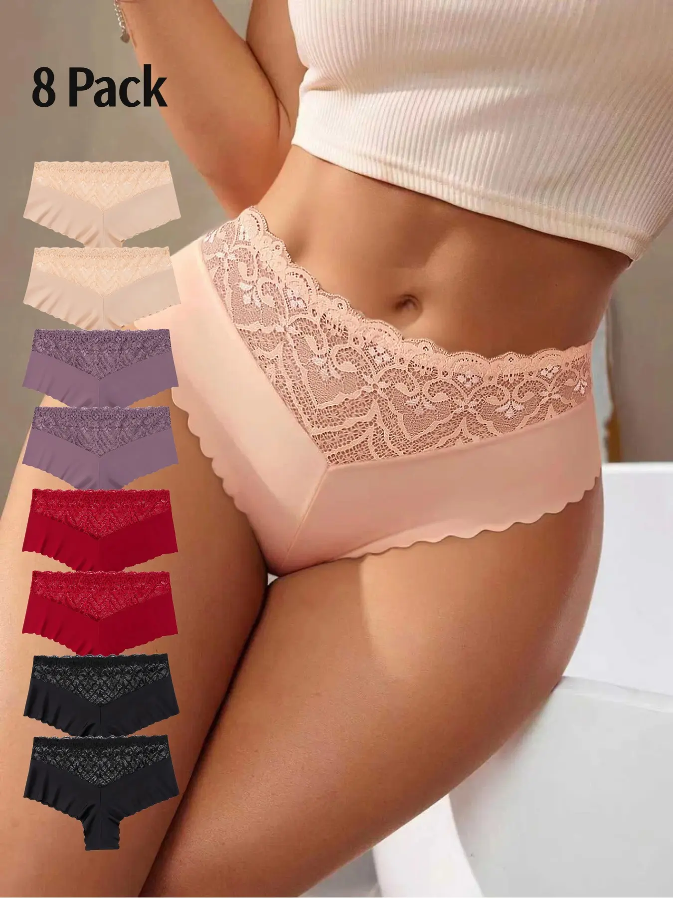 French Lace Seamless Boxer Shorts for Women, Ice Silk Plain Design, Lightweight Breathable Daily Wear, 8 Pcs Set, All Seasons