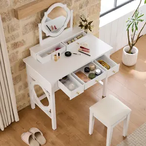 Compact Makeup Vanity Table with Reversible Mirror, Dressing Table Set with Stool, Space-Saving Beauty Station for Small Places