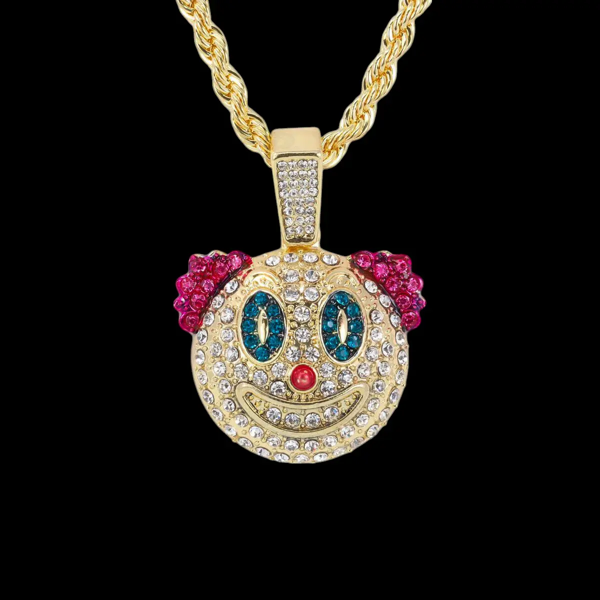 MaxBling81 Iced Gold-Silver Plated Happy Clown Charm Pendant Necklace, 4mm Character & Dangle Chain Necklaces (18in, 20in, 24in) Hip Hop Unisex Costume Jewelry for Men and Women, Character Chain Necklaces