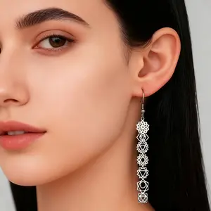 Cazador 7 Chakra Flower Long Drop Earrings for Women Stainless Steel Yoga Meditation Jewelry Earrings Amulet Protection Gift