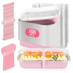 100 Pack Mini Cake Pans with Lids and Spoons, Disposable Aluminum Foil Cake Tins 6.8oz, Individual Dessert Baking Cups, Small Loaf Baking Containers, Single Serve Brownie Pan for Party Wedding Birthday Bake Sale Pink