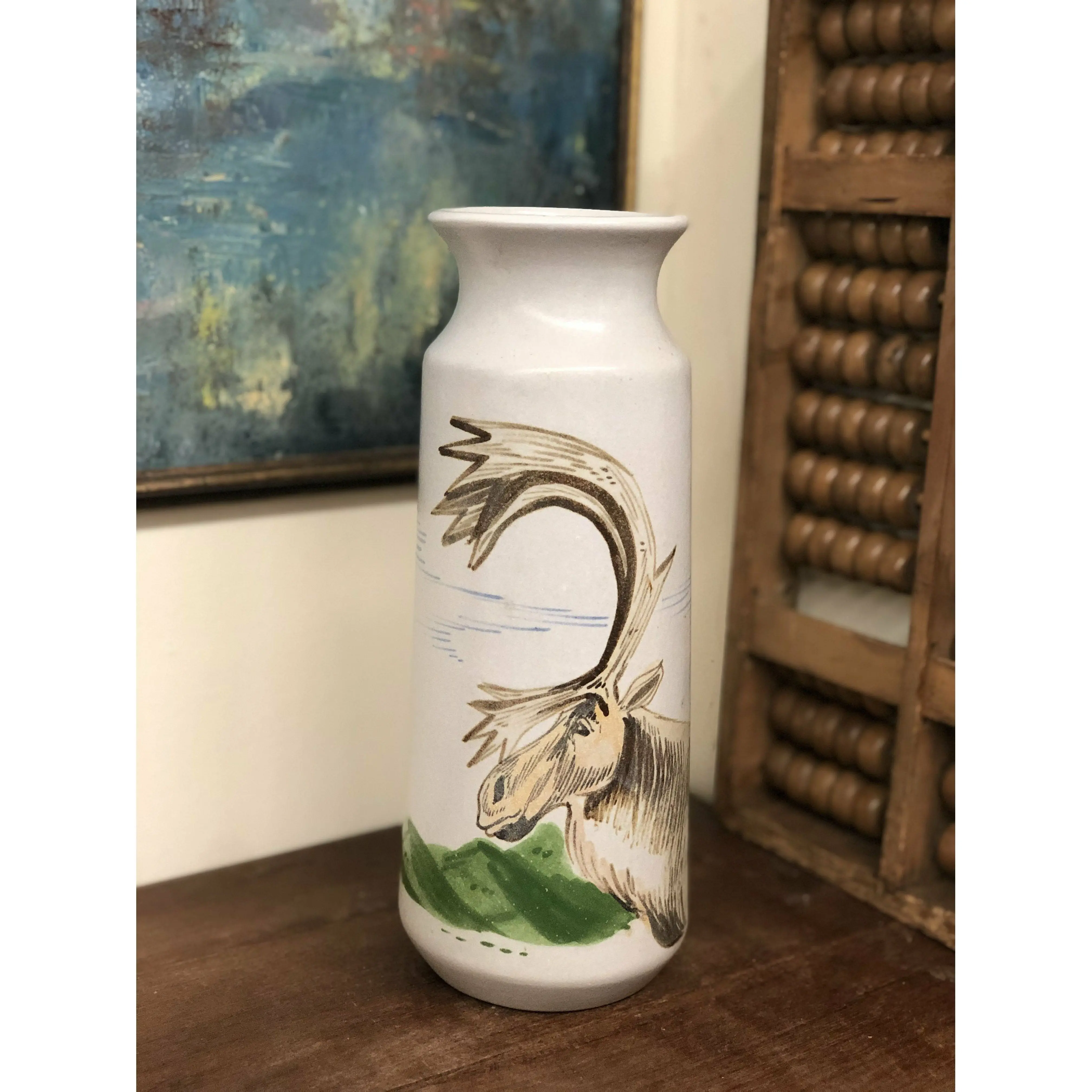 Vintage Ceramic Vase - Eddy Kourishima Original Artist Piece Caribou Reindeer Painted Pottery