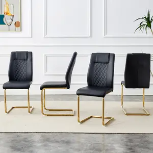 Modern Dining Chair Set of Four with pu Leather Seat Cushions and Gold Metal Legs Soft Padded Kitchen and Office Chairs for Living Room or Bedroom Black