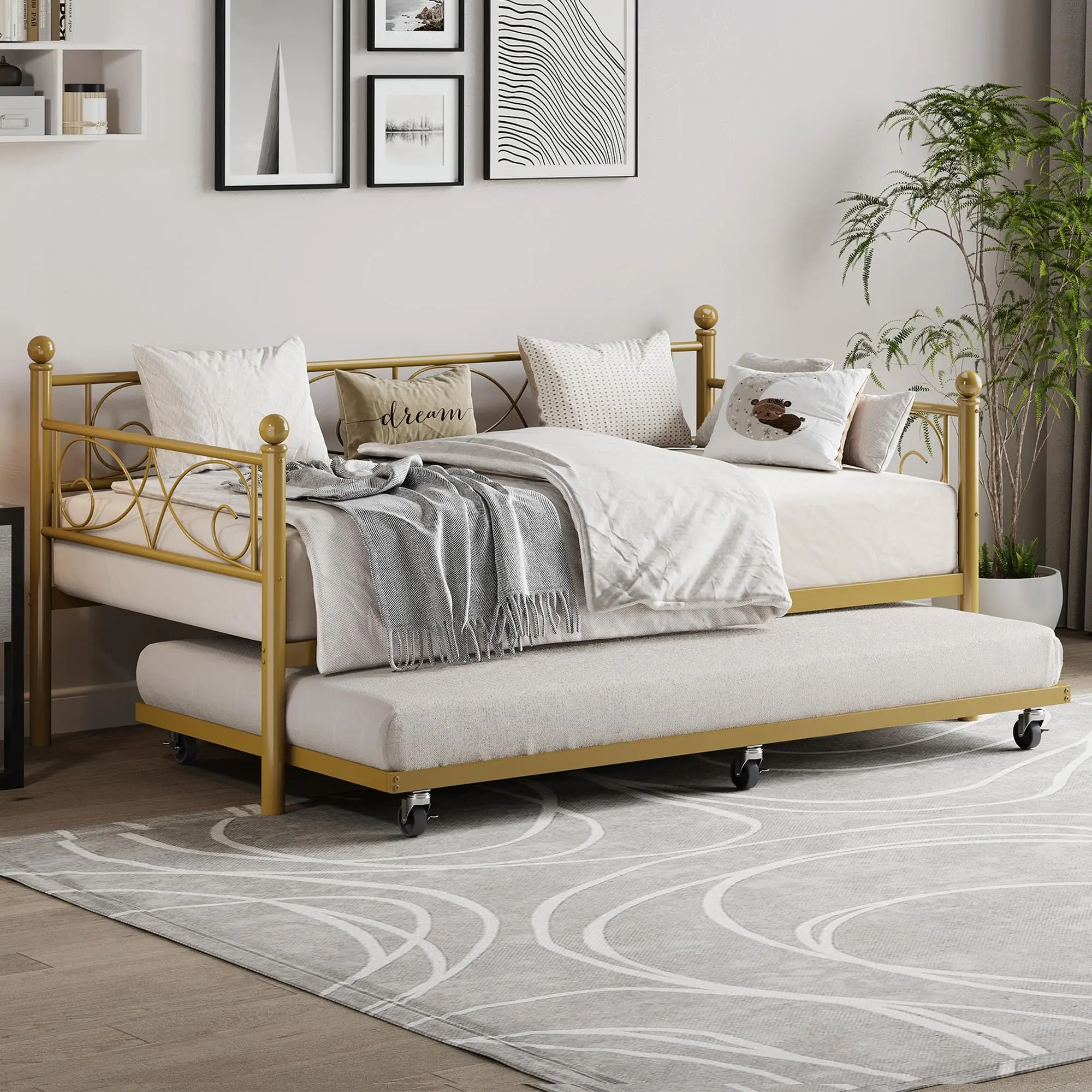 Twin Daybed with Trundle, Metal Frame with Floral Headboard, Modern Sofa Bed, Pull-Out Trundle, Heavy-Duty Steel Slats Support, easy installation