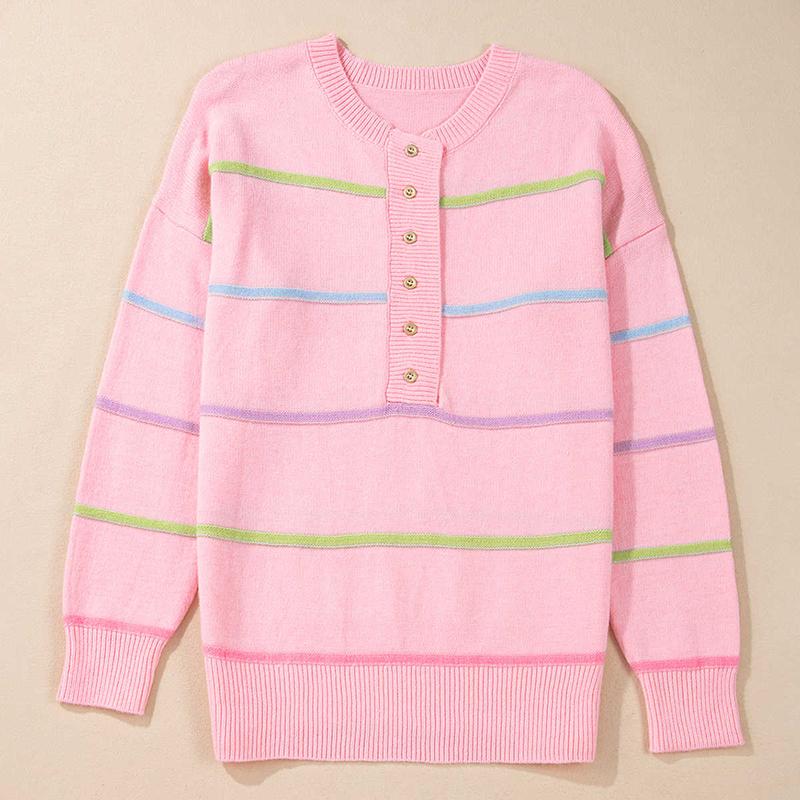 Pink Rainbow Stripes Drop Shoulder Baggy Henley Sweater