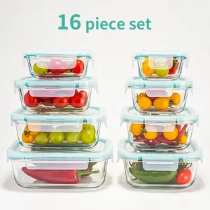 16pcs Airtight Glass Food Storage Containers, Lunch Box, Microwave & Oven Safe - Ideal for Salads, Fruits, Vegetables and Sandwiches. Lunch Box | Airtight Storage | Durable Glass Food Storage Containers (8 Lids + 8 Containers)