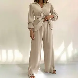 ChicMe Women's 2 Pieces Outfit Overlap V-Neck Lantern Sleeve Tie Waist Ruffle Hem Top and Elastic Waist Wide Leg Pants Set Vintage Frill Hem Pleated Commuting Set