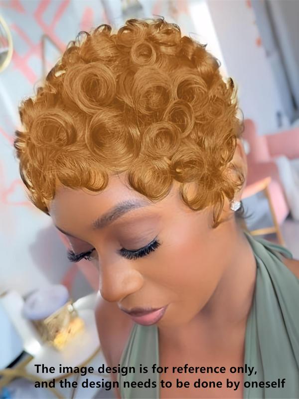 Human Hair Pixie Cut Wig, Short Curly Wavy Wig with Bangs, Natural, Rose Net Cap, Elegant Style for Women, Daily Use, Pixie Wigs