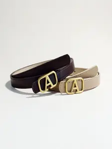 Vintage Metal a Buckle Skinny Belt, Simple Versatile Leather Decorative Strap, Gold Letter Buckle Waistband, Deep Leather Cinch Accessory, Slim Profile