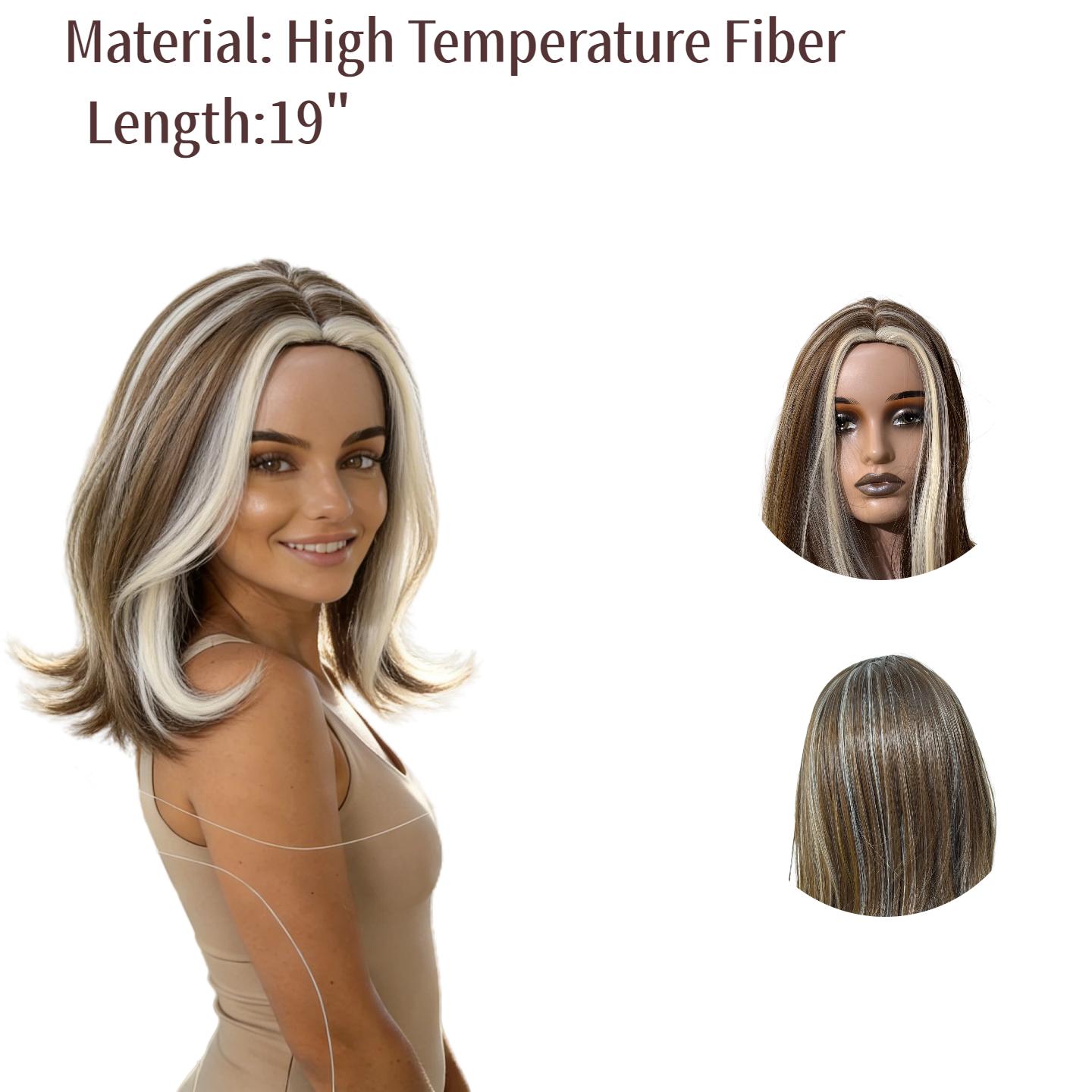 Piano-Color Wig — Women's Light Brown Wig with White Highlights, 19 Inches — Suitable for Daily Wear and Parties