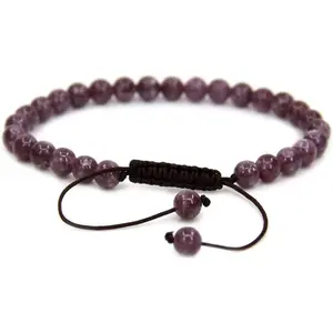 Natural A Grade Lepidolite Lithium Mica Gemstone 6mm Round Beads Adjustable Bracelet 7" Unisex