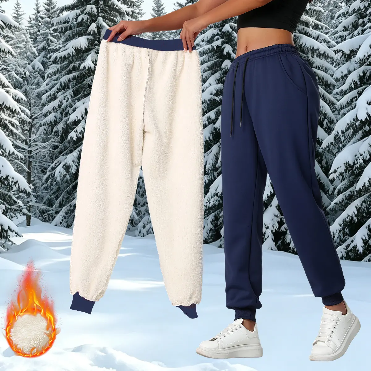 Women’s winter sports long pants, fleece-lined and thickened for warmth, casual elastic waistband with cuffed legs, cold-resistant warm long pants, outdoor sports pants, running long pants