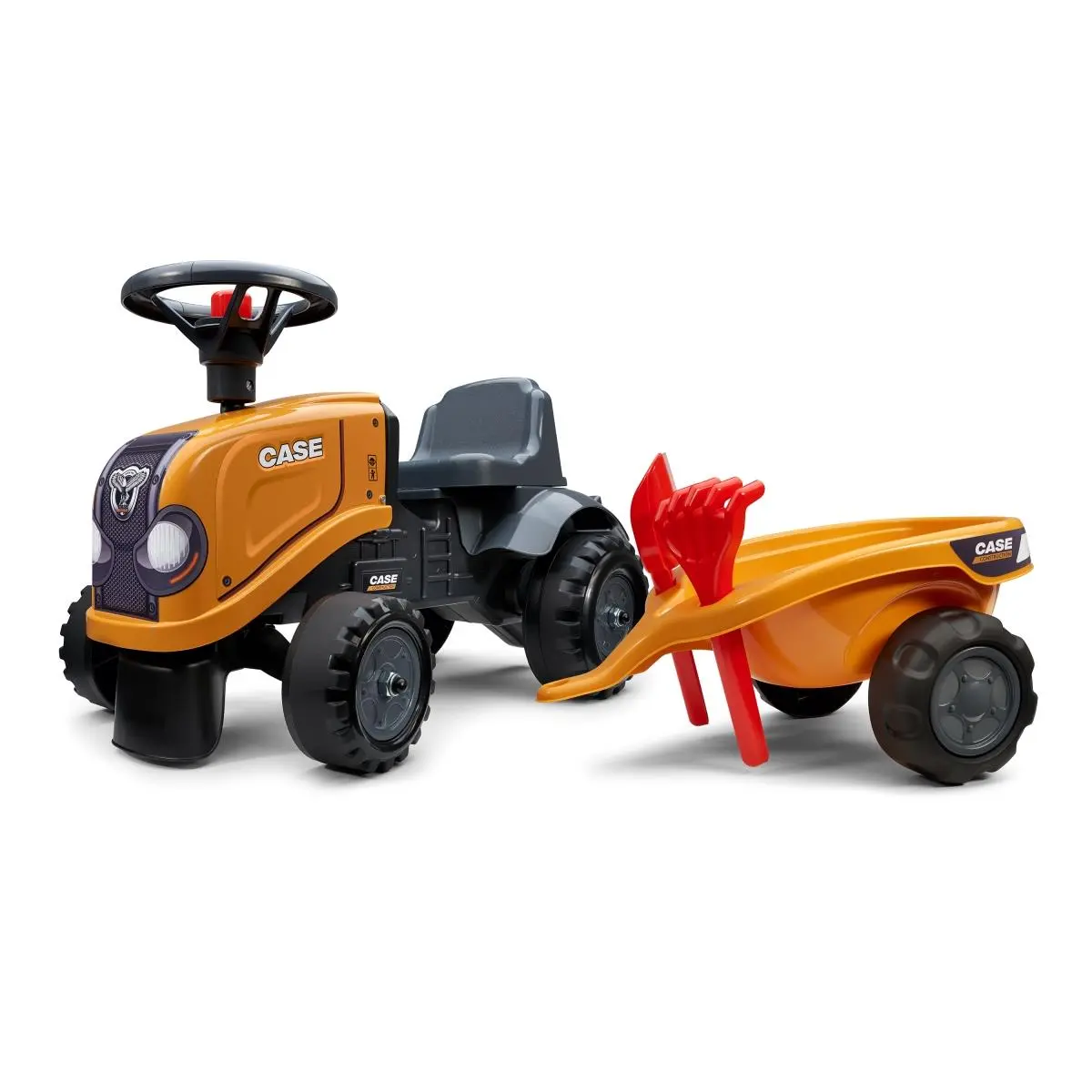 212 MAIN Case CE Ride-On Tractor for Toddlers Ages 1-3, Orange Outdoor Play Equipment Push-Along Toy with Trailer, Shovel, Rake, Steering Wheel with Horn for Boys (Play-Focused)