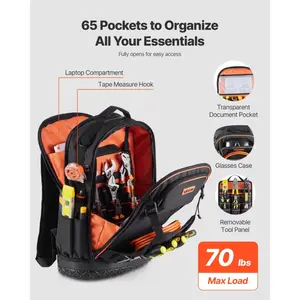 VEVOR Tool Backpack with Tools, 65 Pockets, Heavy-duty Tools Storage Organizer Bags with Laptop Compartment Molded Base, Electrician Jobsite Backpack for Electrician, Repairman, and HVAC Techs