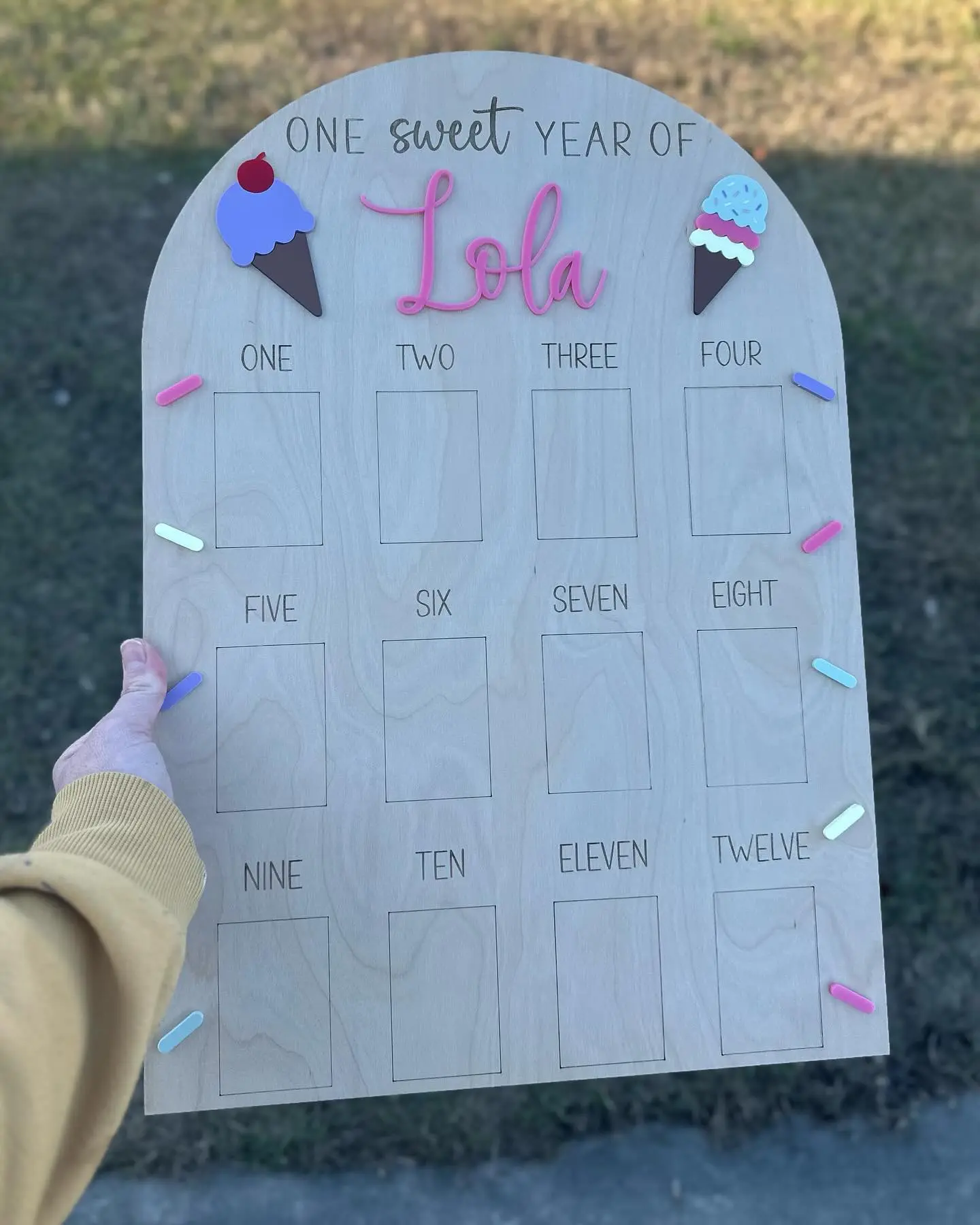 Ice Cream Themed One Year Photo Board 20" Tall 14" Wide for Wallet Sized Photos Personalized with Name