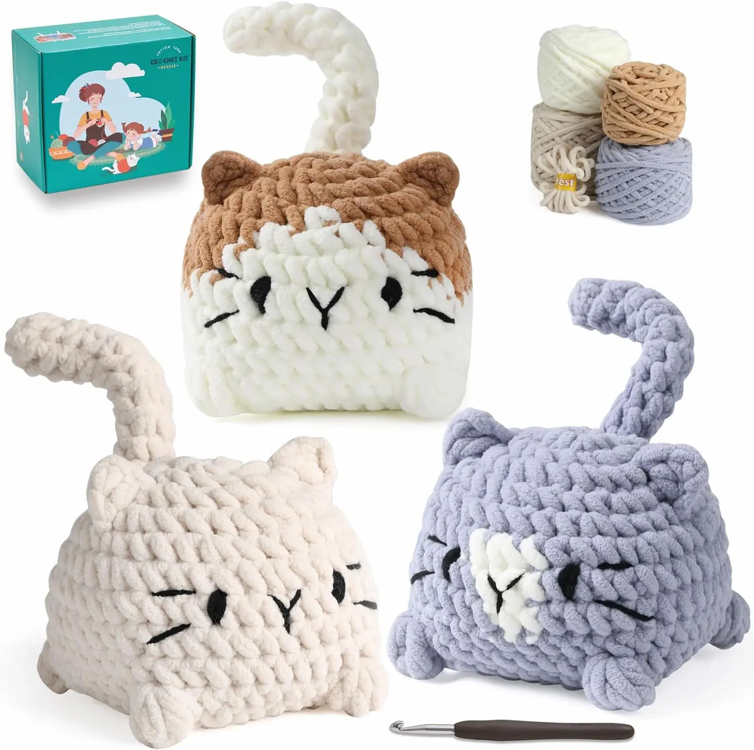 Crochet Kit for Beginners, Crochet  Kits for Adults and , Step-by-Step Video Tutorials and Easy Peasy Yarn, 3 Cats