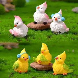 Set of 6 Decorative Bird Figurines White and Yellow Cartoon Parrots Cake Topper Easter Egg Basket Stuffers