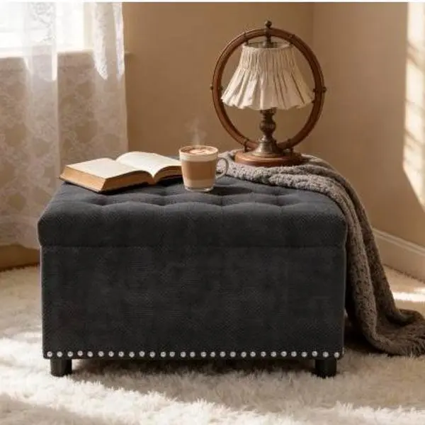4-in-1 Oversized Square Storage Ottoman - Tufted Upholstery, Nailhead Trim, Hidden Storage, Multi-Functional Footrest & Coffee Table, Classic Indoor Stool for Living Room, Home Office, Study, Black
