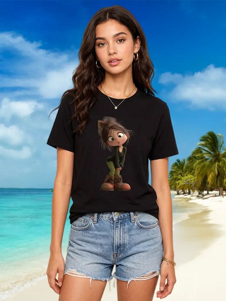 Women's Short-Sleeve T-Shirt with 3D Kiss Face Graphic Print, Casual Cropped & Fitted Top in Soft Cotton, Shortsleeve, Tshirt, Fabric, Style, Comfortable, Crew Neck, Girl, Lady, Cute Look, Cap Sleeves, Fitted Cut, Lightweight sohochic