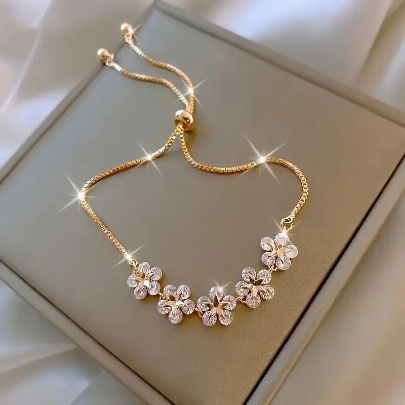 Shimmering Flower Cluster Adjustable Slider Bracelet for Women Dainty Floral Statement Jewelry Date Night Cocktail Party Daily Wear Birthday Anniversary Gift Fashion Accessory