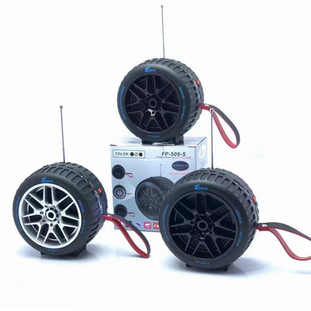 Car Wheel Design Solar-Powered Portable Wireless Speaker with USB & Micro SD Card Slots, Detachable Strap, Rechargeable Battery & Strong Sound Output for Universal Cell Phone and Wireless Devices