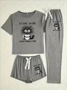 Cute Cat Three-Piece Home Set, Loungewear, Cartoon Pattern, Loose-Fitting Casual Wear, All-Seasons Comfortable, Ideal for Daily Use