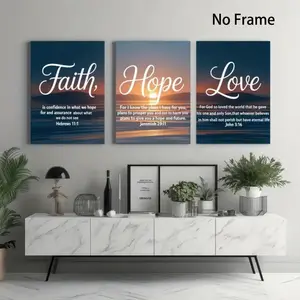 3-piece Frameless Canvas Painting Set, Modern Classic Inspirational Quotes Themed Art Prints, Sunrise Print Pattern, Faith, Hope, Love "Bible" Scripture Decoration Paintings, Suitable for Living Room, Bedroom, Dining Room, Office Murals