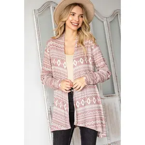 MINT PLUS PINK Boho Bliss Open Front Cardigan - Long Sleeve Fitted Rayon Fabric, Mauve Color, Winter Fashion, Tribal Pattern