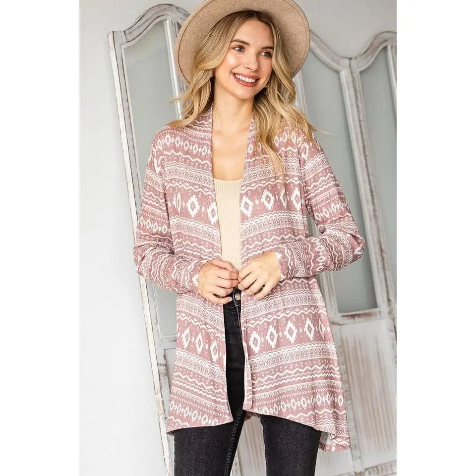 MINT PLUS PINK Boho Bliss Open Front Cardigan - Long Sleeve Fitted Rayon Fabric, Mauve Color, Winter Fashion, Tribal Pattern