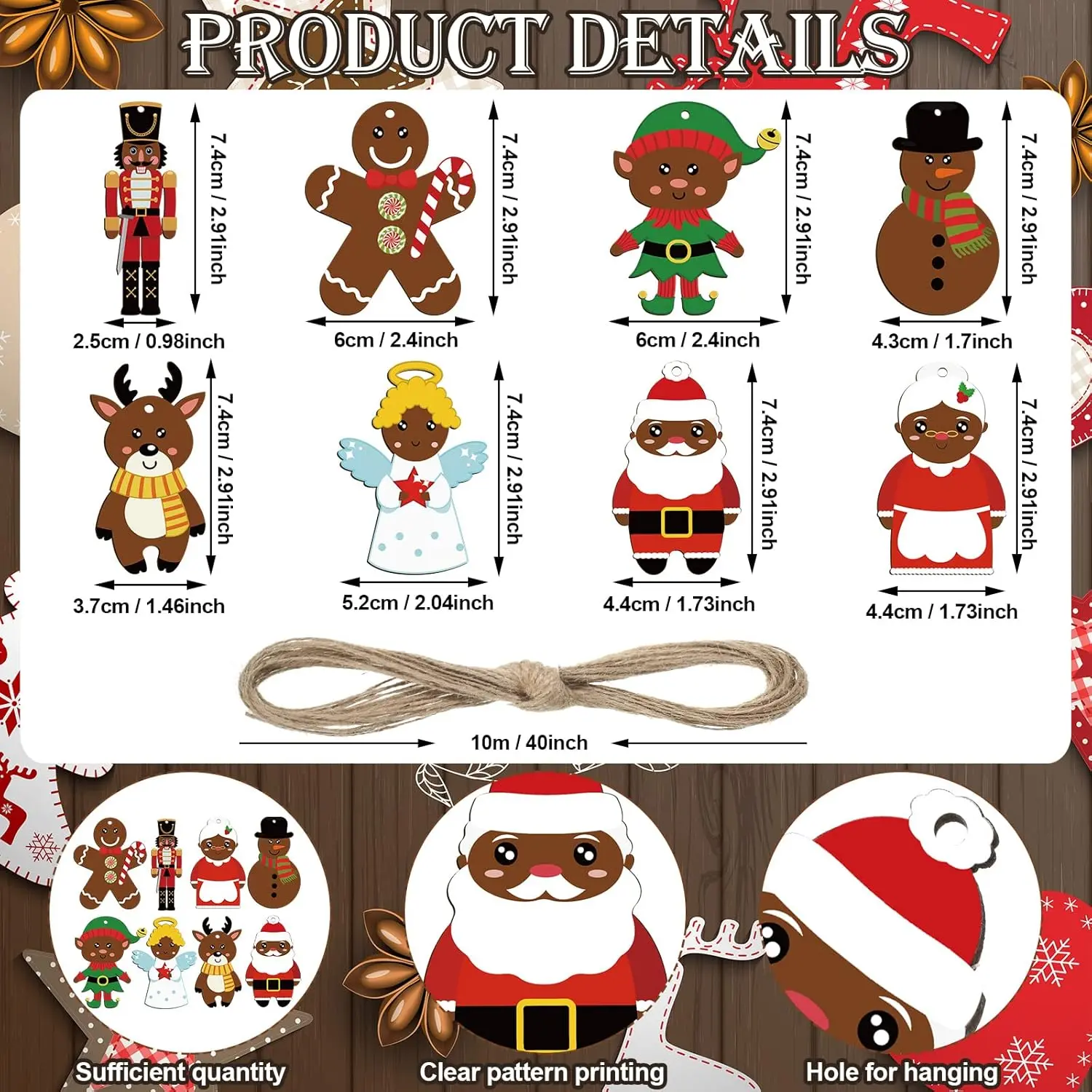 Christmas African American Hanging Ornaments Set Wood Black Santa Claus Angel Elk Reindeer Gingerbread Christmas Tree Decorations for Xmas Party Holiday Kitchen Home Decor (Cute Style,24 Pcs)