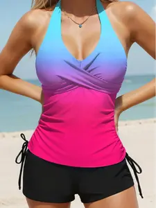 Women's Colorblock V Neck Tankini Set, Casual Sleeveless Swim Top & Swim Shorts Swimsuit Two-piece Set for Beach Holiday Vacation, Ladies Swimwear for All Seasons