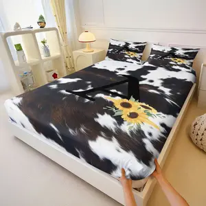 3Pcs Rustic Cowhide Print Fitted Sheet Set, Bold Black 'A' Design with Cheerful Sunflowers, Comfortable and Stylish Bedding, Perfect for a Natural and Cozy Bedroom Makeover!, Lncludes 1 Fitted Sheet, With 2 Coreless Pillowcases