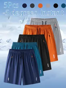 5pcs Plus Size Men's Ice Silk Gym Shorts for Outdoor Fitness, Quick-Dry Five-Point Running Casual Pants, Lightweight Summer Wear