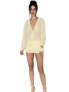 Sheer Collared Long Sleeve Ruched Shirt Dress Party Line Dress Casual Womenswear