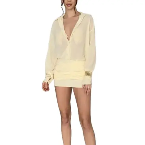 Women's Formal Polyester A-Type Shirt Dress - Chic Solid Sheer Collared V-Neck Long Sleeves, Ruched, Above-Knee Length, Evening Wedding Ready Comfortable Casual Wear