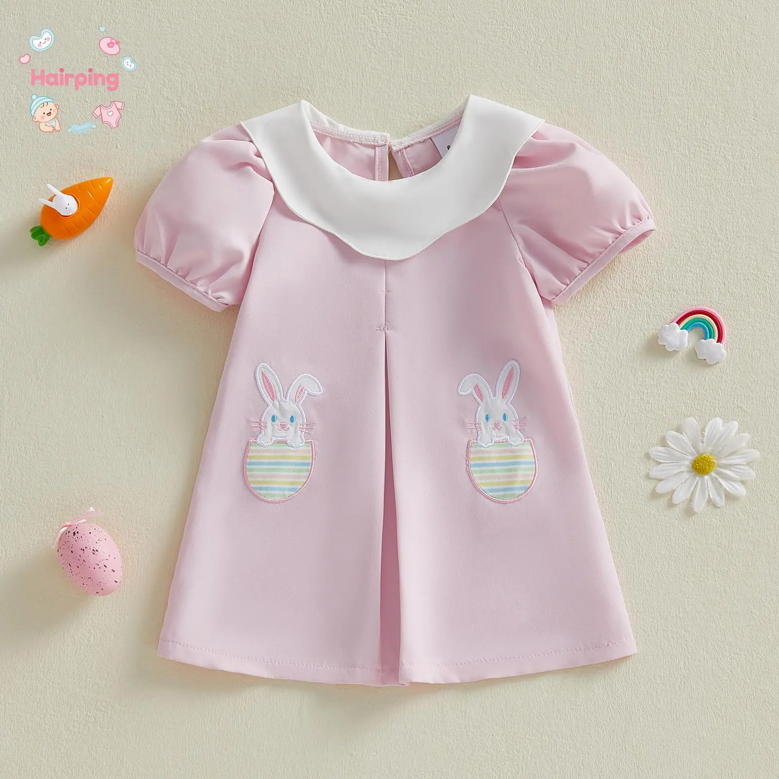 Baby Girl 100% Polyester Easter Bunny Embroidered Dress - Pink Peter Pan Collar, Puff Sleeve Toddler Baby Clothing with Egg Pocket Detail, Casual Holiday Party Outfit
