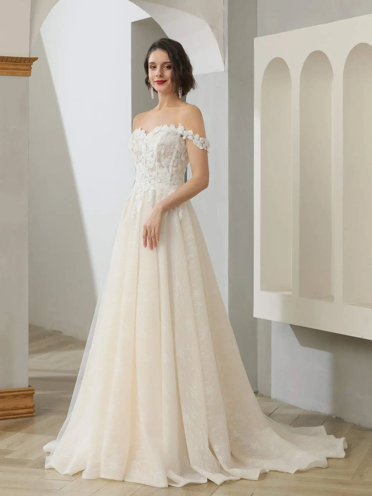 A-Line Wedding Gown for Women in Light Ivory & Champagne, Off-Shoulder Style with a Sheer Floral Lace Bodice and Tulle Chapel Train, Women's Clothes, Sheer Bodice
