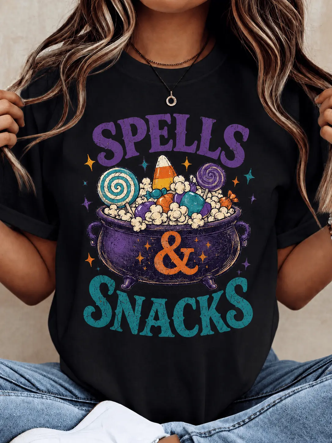 Lady's Comfortable Short-Sleeve Casual Women's Halloween T-Shirt - Spells & Snacks Theme, Colorful Candy & Popcorn Graphics, Festive Womenswear Top, Shortsleeve, Round Neck, Tshirt